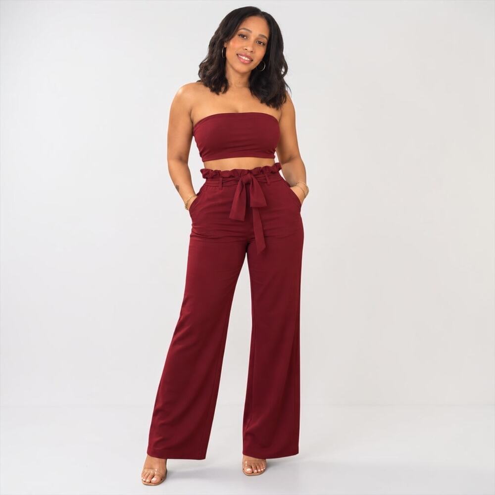 Burgundy Strapless Two-Piece Pant Set